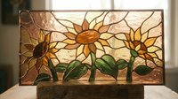 Stained glass panel featuring sunflowers with golden petals and green leaves in warm amber tones, perfect for home decor and interior design projects.