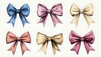 Watercolor collection of elegant satin bows in pastel colors - blue, pink, beige and rose gold tones on white background. Isolated decorative elements for design.