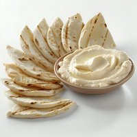 Fresh pita bread slices arranged in fan shape with creamy hummus dip served in ceramic bowl on light background, traditional Middle Eastern appetizer.