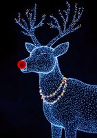 Illuminated reindeer decoration with glowing blue LED lights and red nose against dark background, featuring detailed antlers and festive garland necklace.