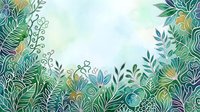 Botanical garden border with hand-drawn foliage, leaves, and flowers in green and gold tones on white background. Isolated design element suitable for invitations, stationery, and print projects.