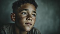 Young mixed-race boy with dirt on face looking upward with hopeful expression in dramatic lighting for emotional storytelling and social awareness campaigns.