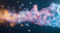 Ethereal pink and blue smoke waves with glowing particles and bokeh effects on dark background create magical atmospheric composition.