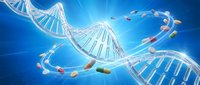 DNA double helix structure with colorful molecular bonds on blue background for medical research and genetic science education materials.