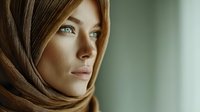 Young Middle Eastern woman wearing brown hijab headscarf with striking blue eyes and natural makeup looking thoughtfully to side in soft natural lighting.