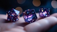 Glowing cosmic dice with purple and blue sparkles on dark background with bokeh lights, gaming accessories with mystical galaxy pattern inside.