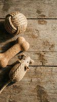 Eco-friendly pet toys on rustic wooden surface: rope ball, cork bone, and burlap mouse toy for cats and dogs, natural materials.