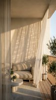 Serene outdoor alcove with flowing white curtains, cushioned seating, potted plants, and dappled sunlight creating geometric shadows on walls and floor for relaxation and wellness design projects.