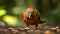 Vibrant red-headed parrot with green feathers foraging on forest floor, shallow depth of field creating natural bokeh background.