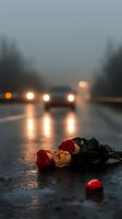 Roses lying on wet asphalt road with blurred car headlights in rainy evening, creating atmospheric mood with reflections and bokeh lights for memorial concept.