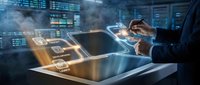 Businessman using futuristic holographic interface with digital icons in modern office environment for technology and innovation concepts.