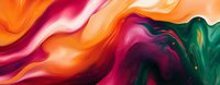 Abstract fluid art background with vibrant orange, pink, and emerald green swirls creating dynamic marble effect. Luxury modern design for wall art and decor.