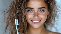 Young mixed race woman with natural curly hair, freckles and bright smile holding toothbrush, promoting dental care and healthy lifestyle. Oral hygiene concept.