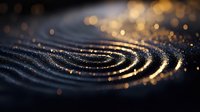 Rippling waves of dark blue texture with golden glowing bokeh light effects creating magical abstract pattern. Macro photography of glitter particles in motion.