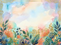 Watercolor floral border with ornate gold frame and pastel sky clouds, suitable for wedding invitations, greeting cards, and decorative backgrounds.