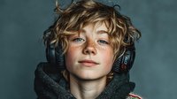 Young blonde boy with curly hair wearing black headphones and gray hoodie against blue background for music and technology concepts.