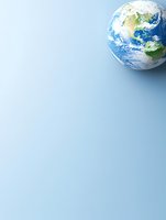 Planet Earth view from space showing North and South America continents against light blue background with copy space for environmental messages.