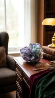 Purple fluorite crystal specimen displayed on vintage wooden desk with antique books and brass lamp in cozy study room interior for home decor and collection.