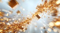 Dynamic explosion of golden cubes and particles against light blue background, creating motion blur effect for abstract design projects.