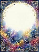 Ornate gold frame with purple and blue gradient background featuring fireworks, stars, and bokeh lights creating a festive celebration border on isolated white background for invitations and design projects.