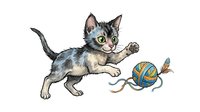 Playful tabby kitten with striped coat pouncing on blue and yellow ball of yarn, isolated on white background for design projects.