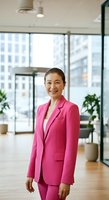 Mature Asian woman wearing vibrant pink business suit standing in modern office with floor-to-ceiling windows overlooking city skyline, potted plants, and wooden flooring for corporate and professional use.