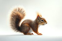 Red squirrel with fluffy tail on white background, side view profile of wild forest animal isolated for nature and wildlife design projects.