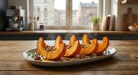 Roasted pumpkin slices with nuts and seeds on plate in cozy kitchen setting. Autumn seasonal cooking, healthy vegetarian meal preparation concept.