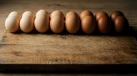 Eight fresh eggs arranged in gradient from light to dark brown on rustic wooden cutting board showcasing natural color variation in organic farm produce.