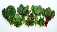 Fresh organic leafy greens variety including kale, spinach, chard and herbs arranged on white background for healthy cooking and nutrition concepts.