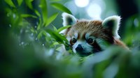 Red panda peeking through green foliage with curious expression, soft bokeh background creates dreamy atmosphere in natural habitat setting.