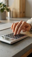 Woman hand using calculator on kitchen counter for home budget planning and financial calculations in modern domestic setting.