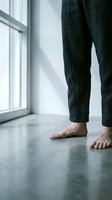 Man wearing dark denim pants standing barefoot on concrete floor near bright window, suitable for lifestyle and minimalist editorial projects.