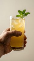 Refreshing golden beverage with ice and fresh mint leaves held in hand against neutral background, perfect for drink and hospitality marketing.