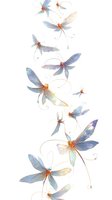 Delicate watercolor dragonflies with iridescent blue and purple wings and orange bodies floating on white background, perfect for fantasy illustrations.