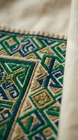 Traditional ethnic embroidery with intricate geometric patterns in green, blue and gold threads on natural linen fabric showcasing detailed needlework craftsmanship.