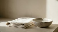 Folded linen napkin and rustic ceramic bowl on neutral surface, minimalist home decor and tableware styling for interior design projects.