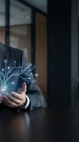 Professional businessman in suit presenting digital circuit board technology hologram from hands in modern office environment for business innovation concepts.