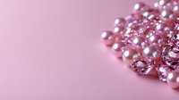 Luxurious white pearls and pink crystal beads arranged on soft pink background with copy space, creating elegant feminine composition for wedding or jewelry design.
