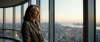 Professional woman in business attire gazing at cityscape from high-rise office window at sunset, contemplating career success and urban aspirations.