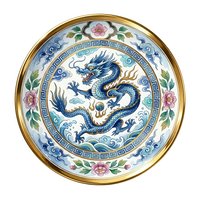 Decorative porcelain plate featuring an ornate blue dragon with gold accents, surrounded by pink floral motifs and geometric patterns, isolated on white background for design use.