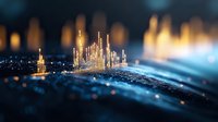 Digital cityscape with glowing golden skyscrapers rising from blue data streams, representing urban growth, technology innovation, and financial markets for business presentations.