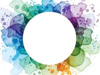 Vibrant watercolor splash frame with white circle space for text or logo. Colorful paint drops and artistic stains create decorative border design.