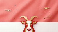 Goat head with red and gold horns on split coral pink and white background with decorative elements and sparkles for festive designs.