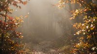 Misty autumn forest path with golden sunlight filtering through colorful fall foliage creating atmospheric morning scene for nature backgrounds.