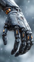 Futuristic robotic hand with glowing orange circuits in snowy winter environment for technology and artificial intelligence concepts.