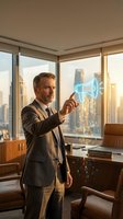Professional businessman interacting with holographic megaphone interface in modern office overlooking city skyline at sunset for marketing concepts.