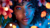 Young African American woman with curly hair and vibrant makeup in blue lighting surrounded by pink flowers and bokeh lights, creating a dreamy portrait atmosphere.