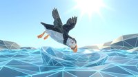 Puffin flying over geometric low poly ocean waves with bright sunlight, modern digital art style for contemporary design projects.