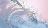 Powerful ocean wave curling with dynamic water splash and spray against soft pink and blue gradient sky, creating dramatic natural movement and force in seascape.